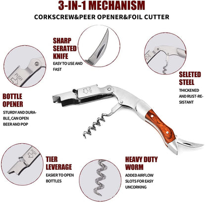 Best Stainless Steel Corkscrew with Foil Cutter, Bottle Opener & Leather Case