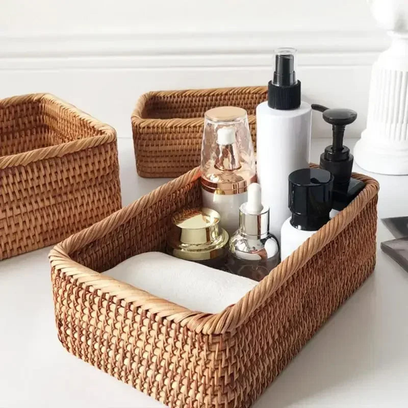 Handwoven Rattan Storage Basket - Rustic Woven Organizer Bin for Blankets, Toys, Nursery